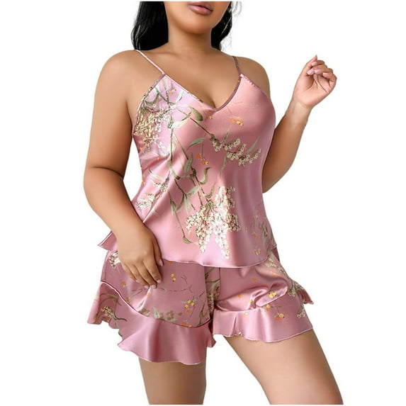 Womens Plus Size Floral Pajama Set 2 Piece Silk Satin Sleepwear Camisole Tops Ruffle Hem Shorts Pjs Sets Nightwear Pink, XL