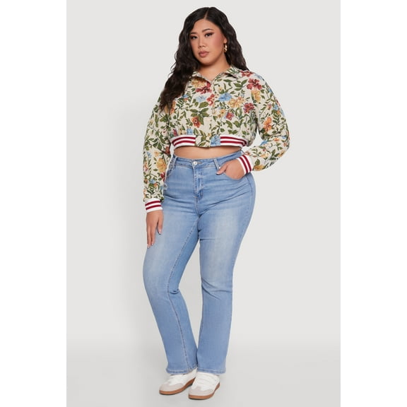 Womens Plus Size Floral Print Cropped Varsity Stripe Jacket