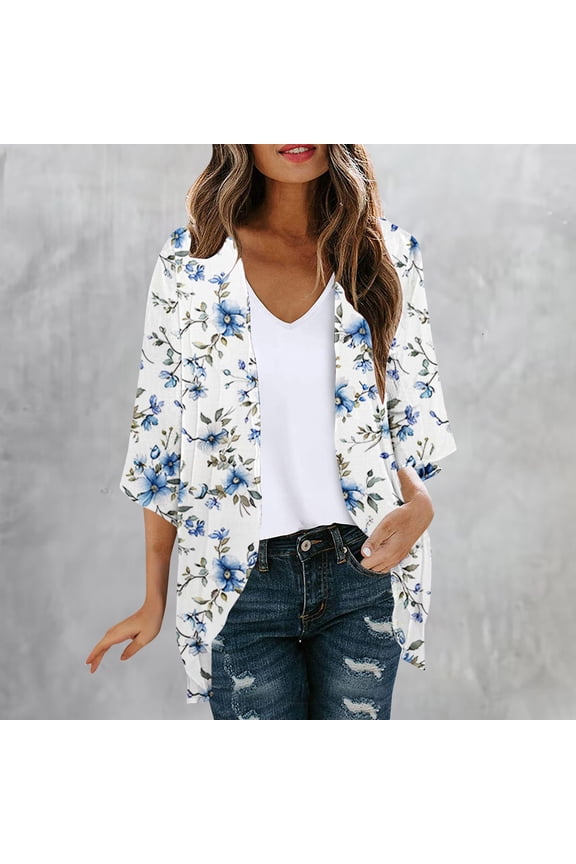 Womens Plus Size Floral Print Puff Sleeve Kimono Cardigan Loose Chiffon Cover Up Casual Tops Clothes