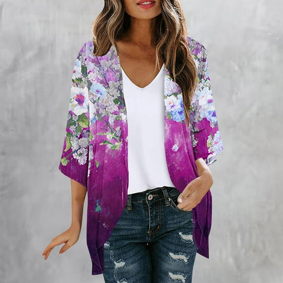 Womens Plus Size Floral Print Puff Sleeve Kimono Cardigan Loose Chiffon Cover Up Casual Tops Clothes