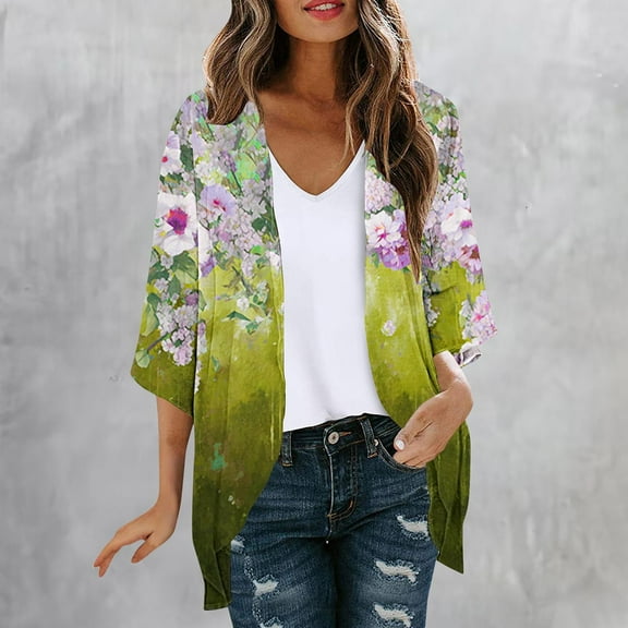Womens Plus Size Floral Print Puff Sleeve Kimono Cardigan Loose Chiffon Cover Up Casual Tops Clothes