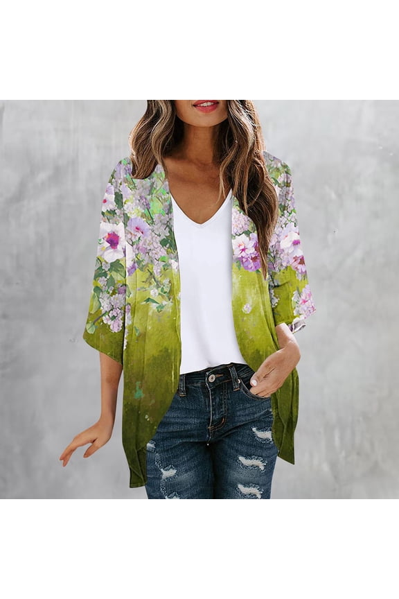 Womens Plus Size Floral Print Puff Sleeve Kimono Cardigan Loose Chiffon Cover Up Casual Tops Clothes