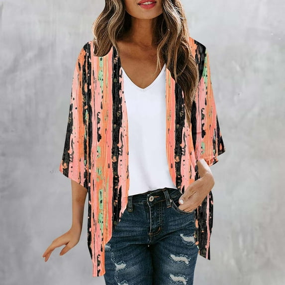 Womens Plus Size Floral Print Puff Sleeve Kimono Cardigan Loose Chiffon Cover Up Casual Tops Clothes