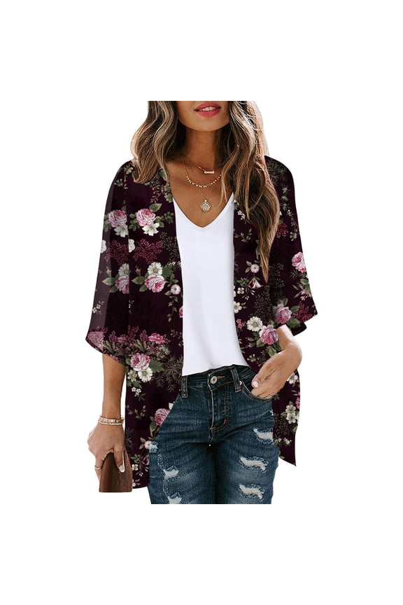 Womens Plus Size Floral Print Puff Sleeve Kimono Cardigan Loose Chiffon Cover Up Casual Tops Clothes
