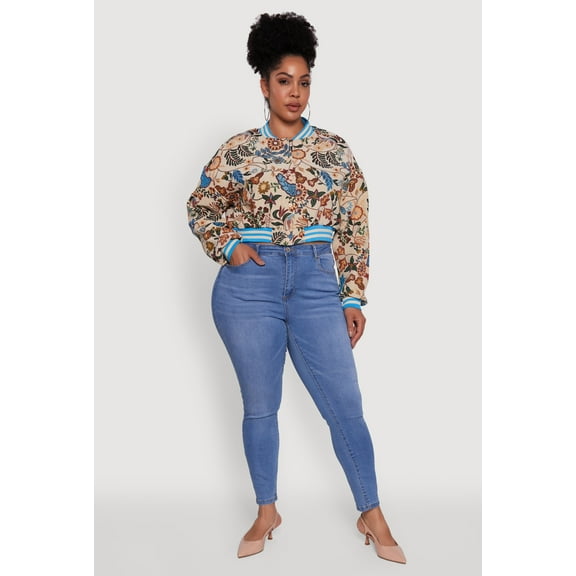 Womens Plus Size Floral Print Varsity Stripe Jacket