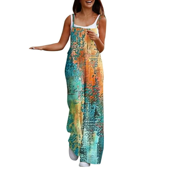 Womens Plus Size Floral Printed Boho Jumpsuits Sleeveless Adjustable Strap Baggy Romper Wide Leg Overalls with Pockets