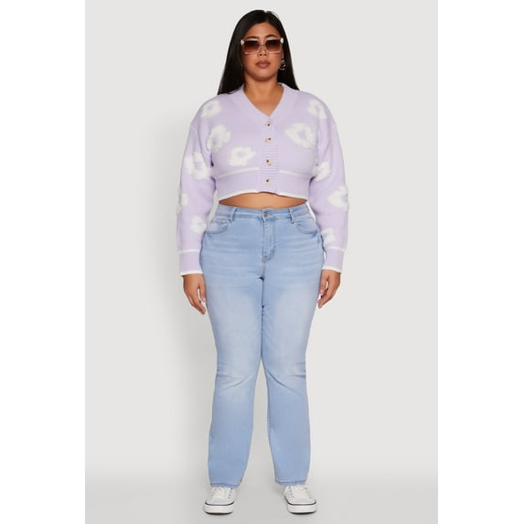 Womens Plus Size Flower Tufted Knit Cropped Cardigan