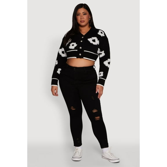 Womens Plus Size Flower Tufted Knit Cropped Cardigan