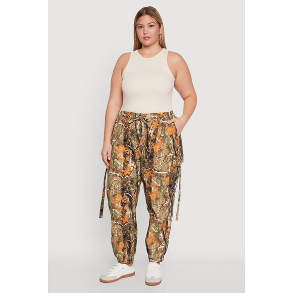 Womens Plus Size Forest Camo Drawstring Waist Cargo Joggers