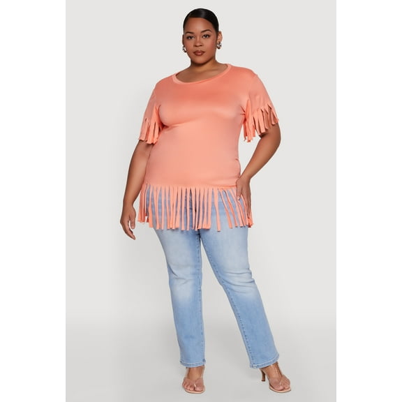Womens Plus Size Fringe Sleeve Hem Tee