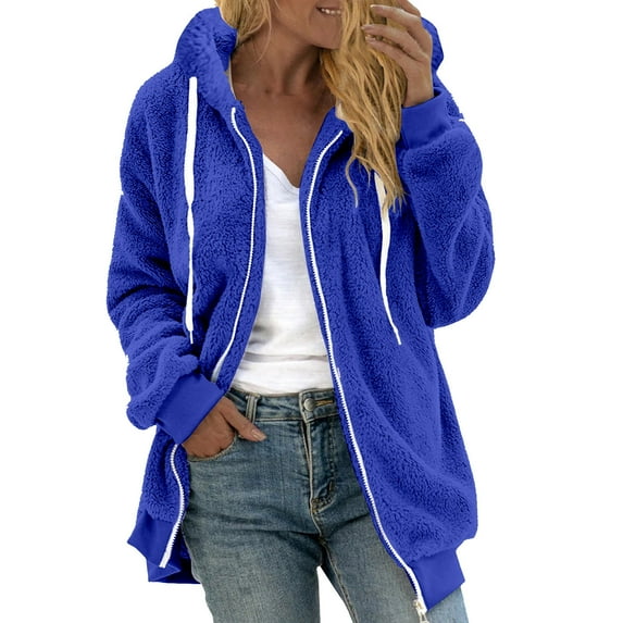 Womens Plus Size Fuzzy Fleece Jacket Winter Full Zip Plush Hooded Cardigan Coats Soft Oversized Shaggy Warm Outerwear Clearance On Sale Blue S