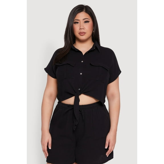 Womens Plus Size Gauze Knit Tie Front Top