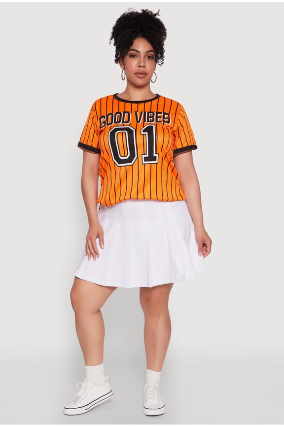 Womens Plus Size Good Vibes 01 Pinstripe Baseball Jersey