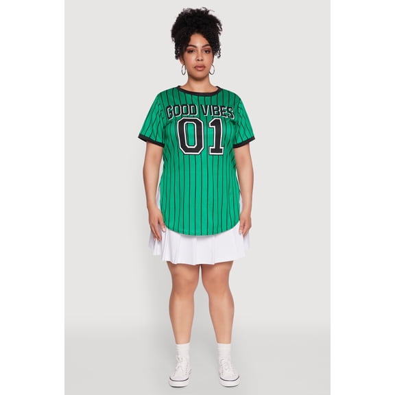 Womens Plus Size Good Vibes 01 Pinstripe Baseball Jersey