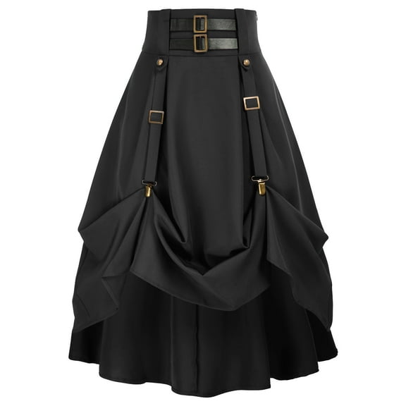 Womens Plus Size Goth Steampunk Skirt A Line Elastic High Waist Pleated Buckle Straps Costume Kilts