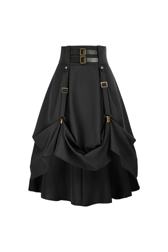 Womens Plus Size Goth Steampunk Skirt A Line Elastic High Waist Pleated Buckle Straps Costume Kilts