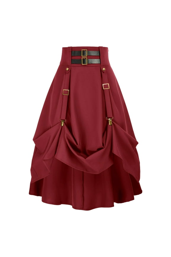 Womens Plus Size Goth Steampunk Skirt A Line Elastic High Waist Pleated Buckle Straps Costume Kilts