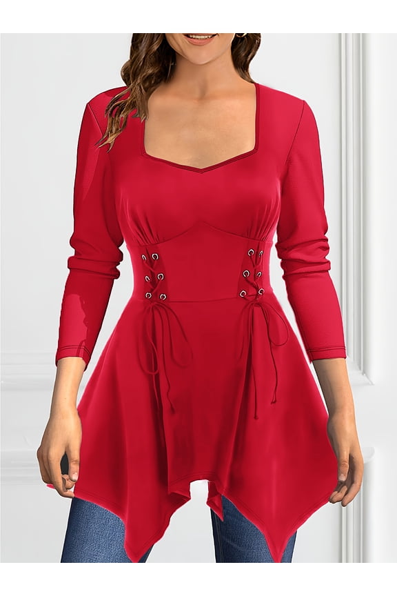 Womens Plus Size Gothic Long Sleeve Tunic Top V Neck Lace Up Back Ruched Grommets Buckle High Low Hem Loose Swing Blouse Fall Winter Casual Daily Wear