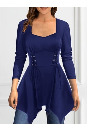 Womens Plus Size Gothic Long Sleeve Tunic Top V Neck Lace Up Back Ruched Grommets Buckle High Low Hem Loose Swing Blouse Fall Winter Casual Daily Wear