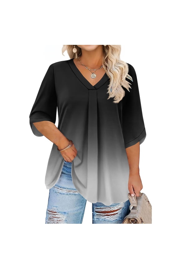 Womens Plus Size Gradient Print V Neck Blouse 3 4 Sleeve Tunic Top Loose Fit Pleated Front Casual Pullover Shirt