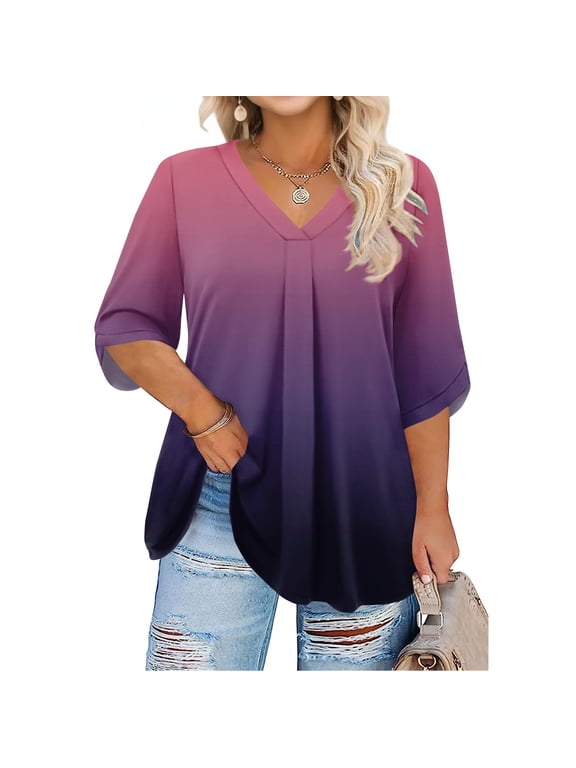 Womens Plus Size Gradient Print V Neck Blouse 3 4 Sleeve Tunic Top Loose Fit Pleated Front Casual Pullover Shirt