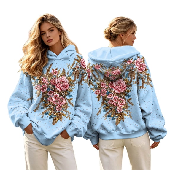 Womens Plus Size Graphic Hoodies Trendy Floral Printed Hooded Sweatshirts Ladies Loose Fit Pullovers Fall Long Sleeve Tops Y_Blue M