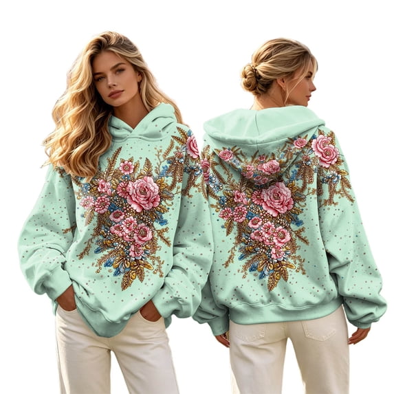 Womens Plus Size Graphic Hoodies Trendy Floral Printed Hooded Sweatshirts Ladies Loose Fit Pullovers Fall Long Sleeve Tops Y_Green XXXL