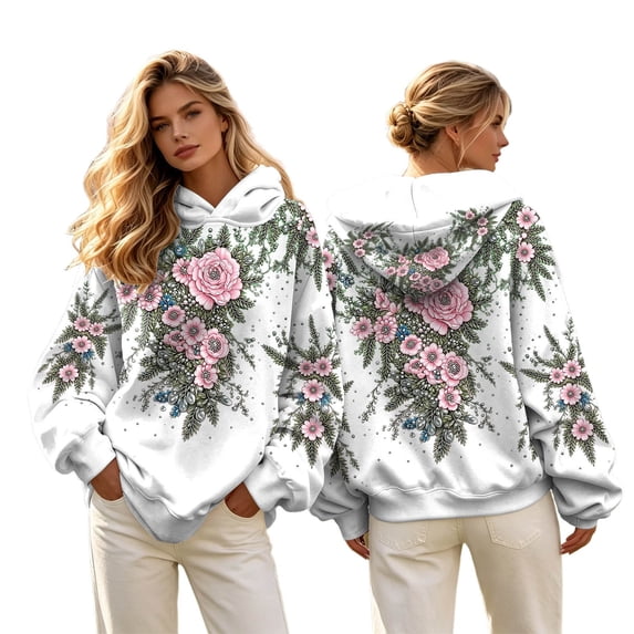 Womens Plus Size Graphic Hoodies Trendy Floral Printed Hooded Sweatshirts Ladies Loose Fit Pullovers Fall Long Sleeve Tops ZZ_White XL