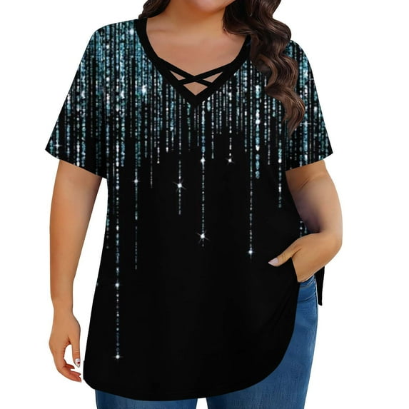 Womens Plus Size Graphic Tees Cross V Neck Loose Oversized Tshirts Casual Summer Trendy Tops(Dark Blue, 5XL)
