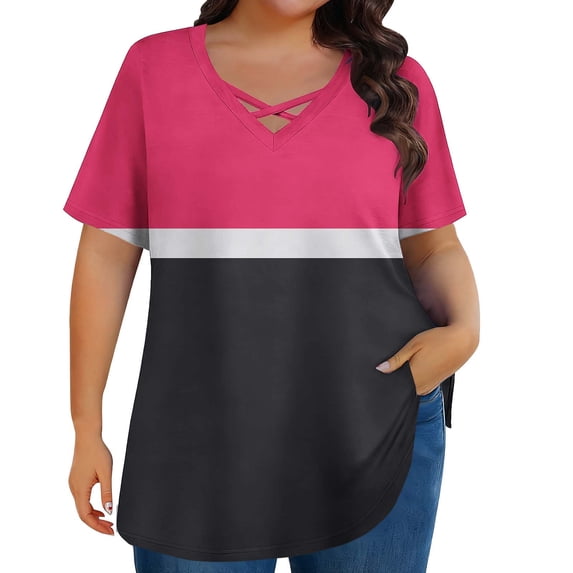 Womens Plus Size Graphic Tees Cross V Neck Loose Oversized Tshirts Casual Summer Trendy Tops(Hot Pink, XL)