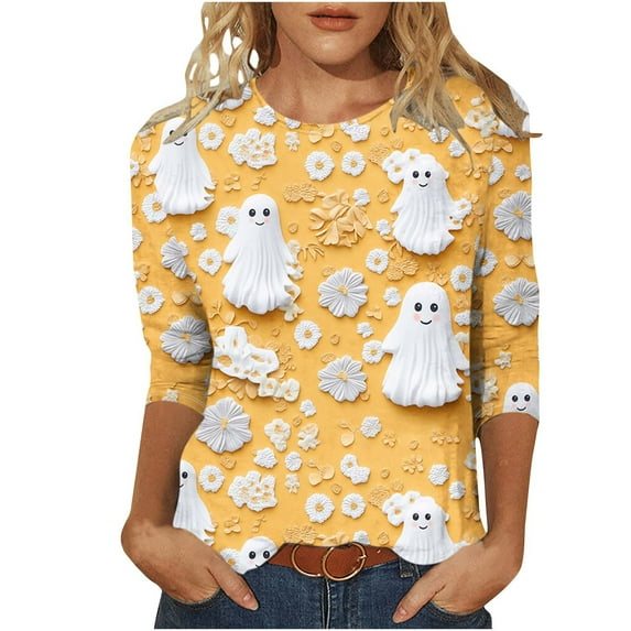 Womens Plus Size Graphic Tees Loose 3/4 Length Sleeve Halloween Tops Shirts Casual Festival Clothes Green, L