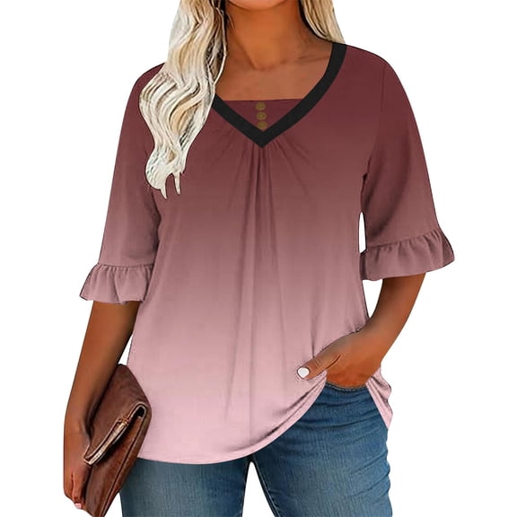 Womens Plus Size Half Ruffle Sleeve Tunic Tops V-Neck Gradient Pleated Dressy Casual Shirts Floral Print Blouses