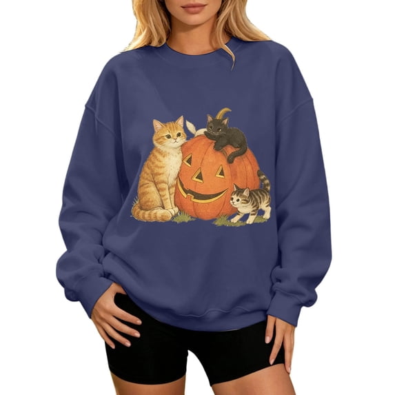 Womens Plus Size Halloween Cat Pumpkin Sweatshirt Retro 90s Graphic Crewneck Soft Fall Pullover Tops Navy L