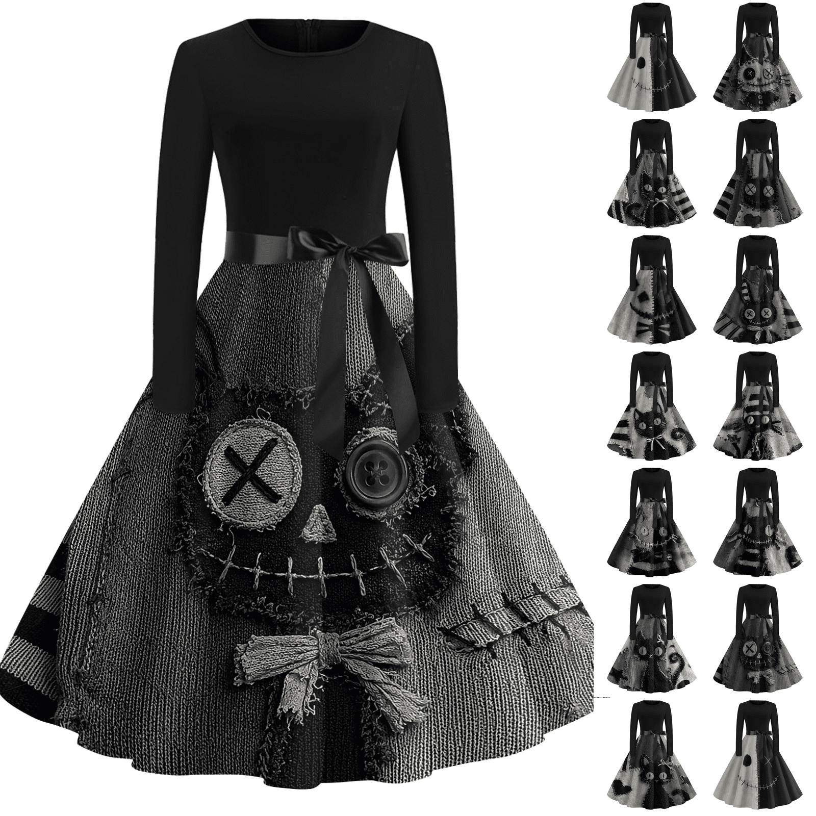 Womens Plus Size Halloween Dress Pumpkin Costume Dresses Vintage Bat Black Cat Print Dress A Line Dress Halloween Themed Clothes Dark Gray M