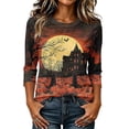 thumbnail image 1 of Womens Plus Size Halloween Shirts Crewneck 3/4 Sleeve Graphic Tees Funny Print Casual Tops Pullover Brown 3XL, 1 of 5