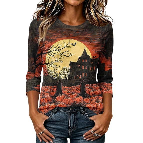 Womens Plus Size Halloween Shirts Crewneck 3/4 Sleeve Graphic Tees Funny Print Casual Tops Pullover Brown 3XL