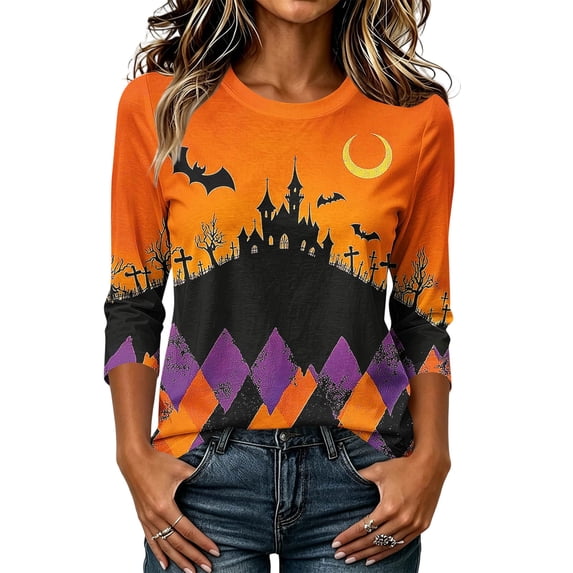 Womens Plus Size Halloween Shirts Crewneck 3/4 Sleeve Graphic Tees Funny Print Casual Tops Pullover Orange 3XL