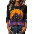 thumbnail image 1 of Womens Plus Size Halloween Shirts Crewneck 3/4 Sleeve Graphic Tees Funny Print Casual Tops Pullover Purple XL, 1 of 6