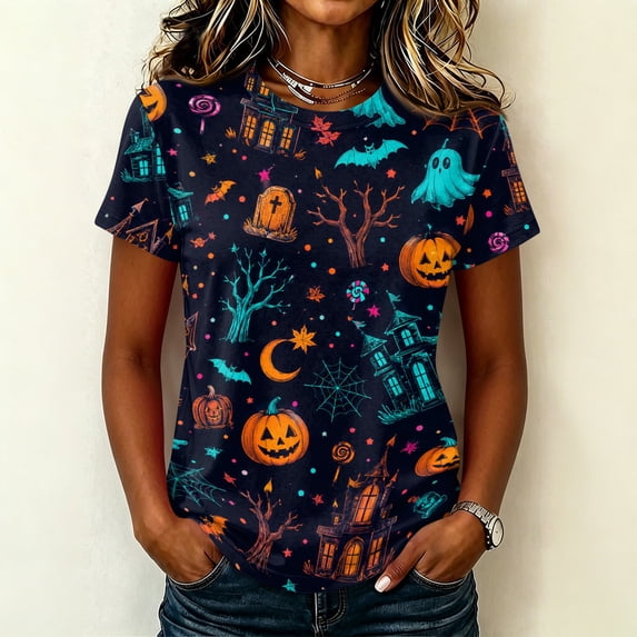 Womens Plus Size Halloween Shorts Sleeve Crewneck Witch Ghost Print Tunic Tops Fall Casual Blouse