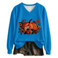thumbnail image 1 of Womens Plus Size Halloween Sweatshirts Trendy Pumpkin Floral Printed Long Sleeve Graphic Tops Fall Loose Fit V Neck Tshirts Pullovers Blue XL, 1 of 3
