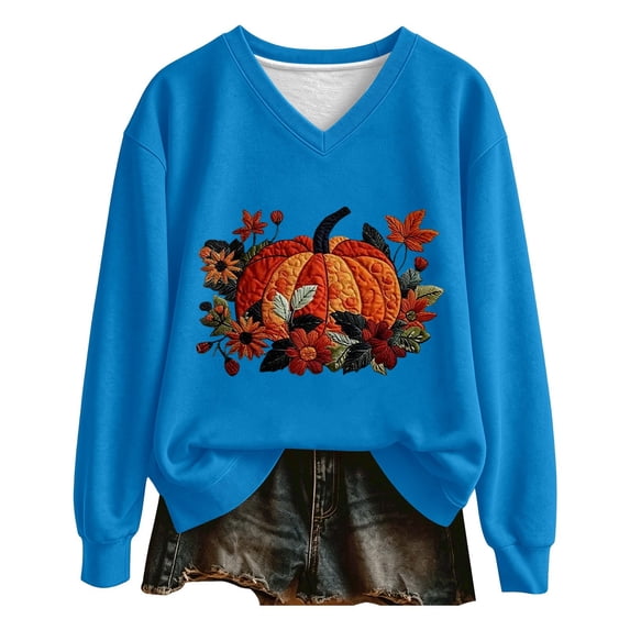 Womens Plus Size Halloween Sweatshirts Trendy Pumpkin Floral Printed Long Sleeve Graphic Tops Fall Loose Fit V Neck Tshirts Pullovers Blue XL