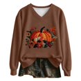 thumbnail image 1 of Womens Plus Size Halloween Sweatshirts Trendy Pumpkin Floral Printed Long Sleeve Graphic Tops Fall Loose Fit V Neck Tshirts Pullovers Coffee XXXL, 1 of 3