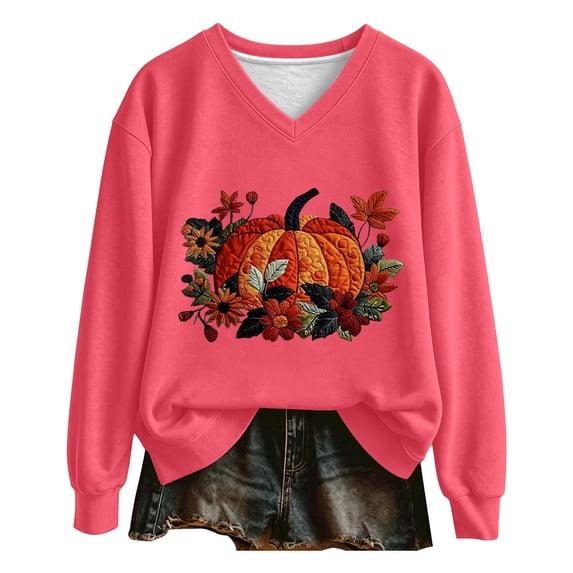 Womens Plus Size Halloween Sweatshirts Trendy Pumpkin Floral Printed Long Sleeve Graphic Tops Fall Loose Fit V Neck Tshirts Pullovers Pink XXL