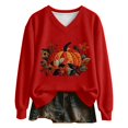 thumbnail image 1 of Womens Plus Size Halloween Sweatshirts Trendy Pumpkin Floral Printed Long Sleeve Graphic Tops Fall Loose Fit V Neck Tshirts Pullovers Red XL, 1 of 3