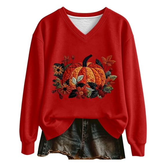 Womens Plus Size Halloween Sweatshirts Trendy Pumpkin Floral Printed Long Sleeve Graphic Tops Fall Loose Fit V Neck Tshirts Pullovers Red XL