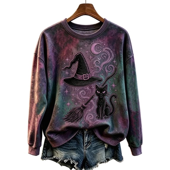Womens Plus Size Halloween Sweatshirts Trendy Witch Printed Long Sleeve Pullovers Causal Fall Crew Neck Graphic Tops Dark Purple2 XL