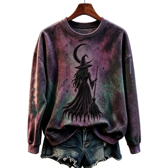 Womens Plus Size Halloween Sweatshirts Trendy Witch Printed Long Sleeve Pullovers Causal Fall Crew Neck Graphic Tops Dark Purple3 XXXL
