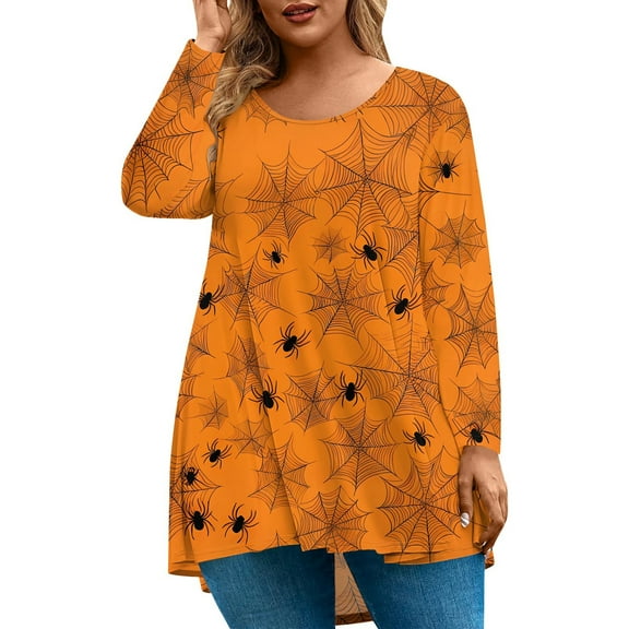 Womens Plus Size Halloween Tops 2025 4x-5x Crew Neck T Shirts Pumpkin Graphic Tees Long Sleeve Tee Shirt Tops Large Casual Blouses