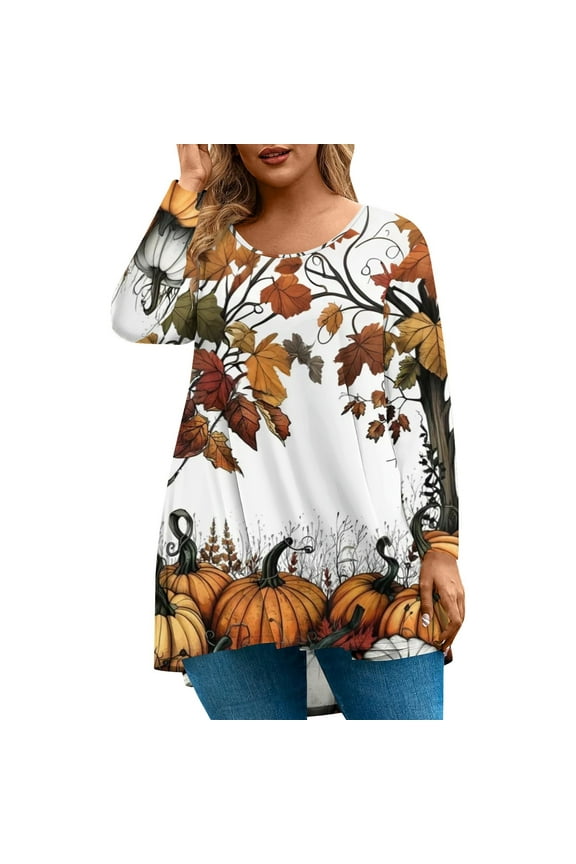 Womens Plus Size Halloween Tops Funny Fall Crew Neck Tshirts Pumpkin Graphic Tees Long Sleeve Blouses Loose Casual Tunics Blouses