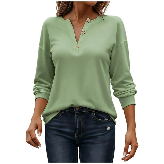 Womens Plus Size Henley Shirt, Long Sleeve Shirts for Women Casual Loose Fit Solid Color Button Up T-Shirts Fall Clothes